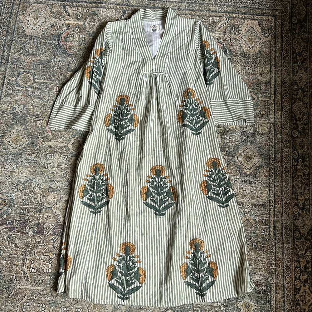 Cotton Caftan Retro Vintage Green Stripes and Yellow Flowers